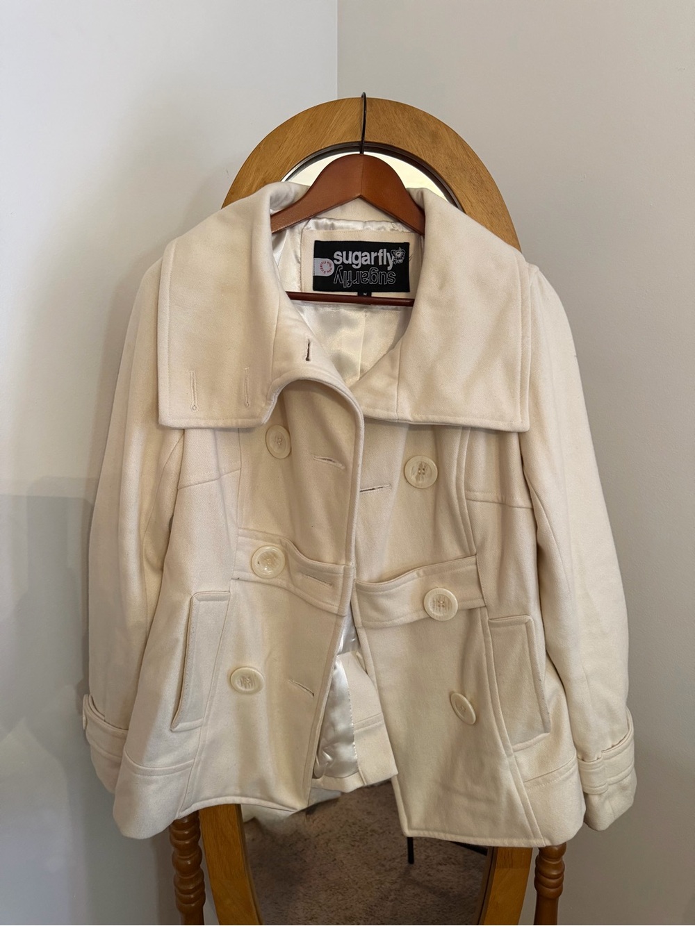 Sugarfly Cream Double-Breasted Pea Coat with Wide Collar